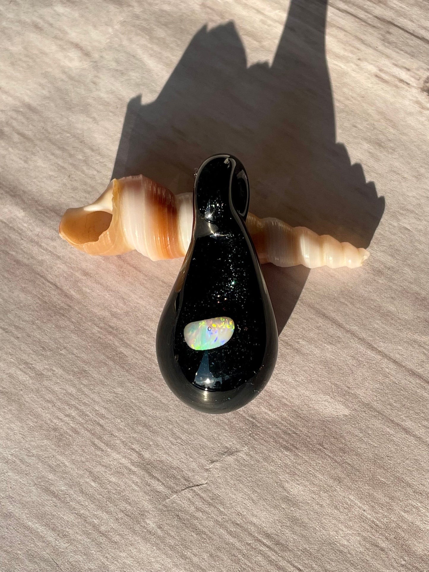 Small Glass Pendant, Black Lampwork Focal Bead, Opal Necklace, Unique October Birthday Gift, Heady Glass Galaxy Opal Pendant, Blown Glass