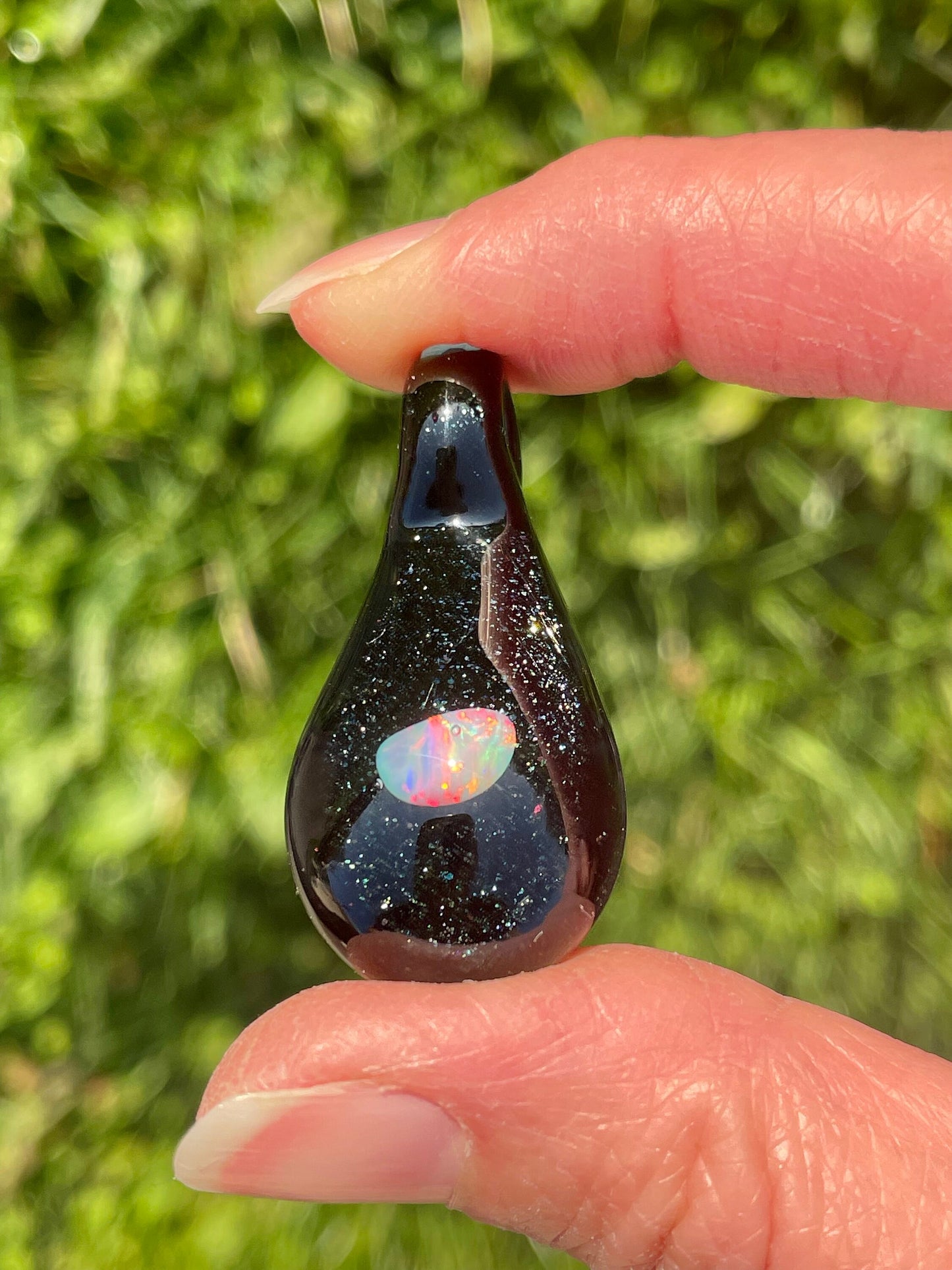 Small Glass Pendant, Black Lampwork Focal Bead, Opal Necklace, Unique October Birthday Gift, Heady Glass Galaxy Opal Pendant, Blown Glass