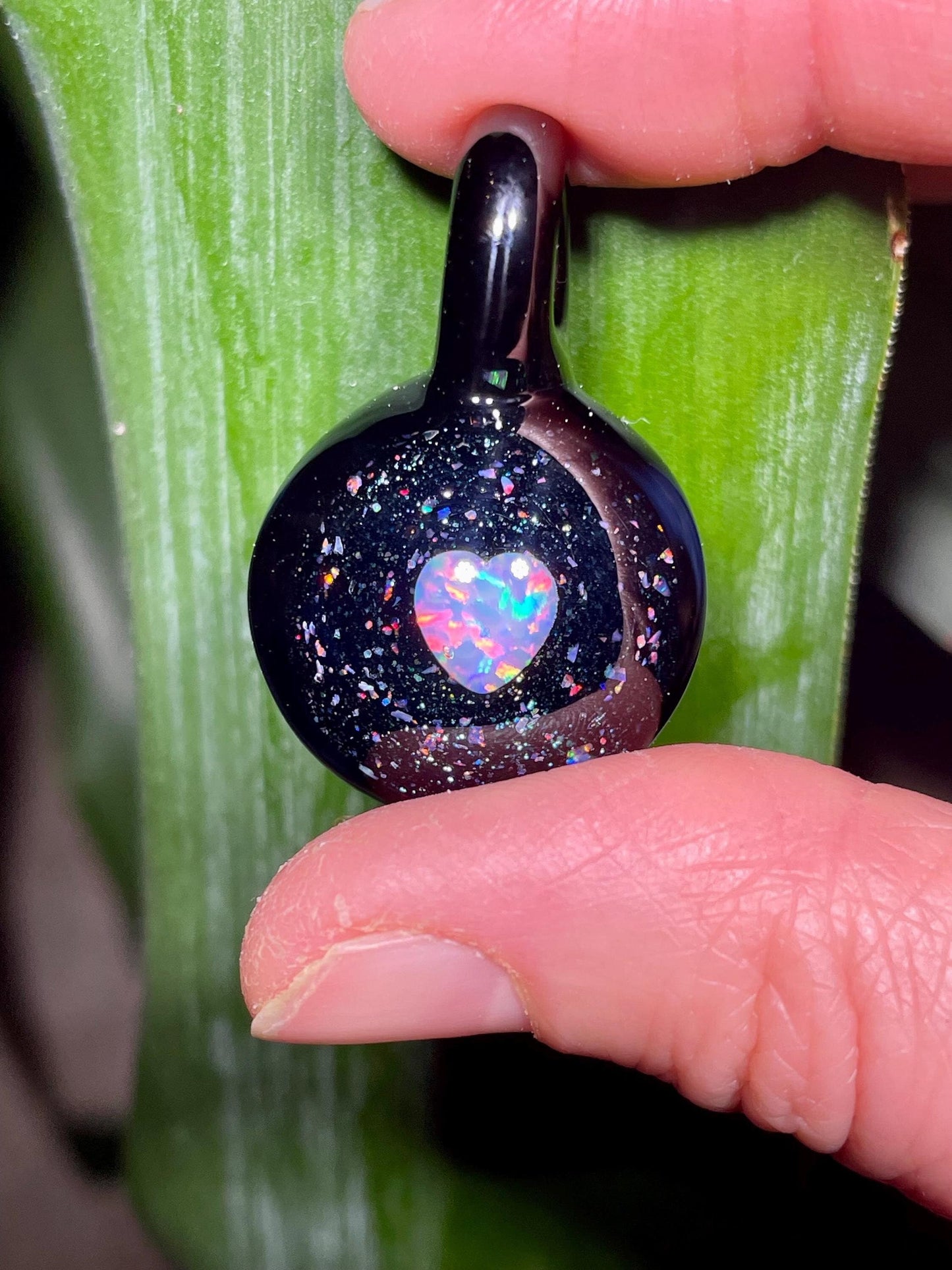 Small Glass Pendant, Heart Opal Necklace for her, Artisan Jewelry, Gothic Jewelry, Black Heart Pendant, Birthday Gift, Easter Gift for Wife
