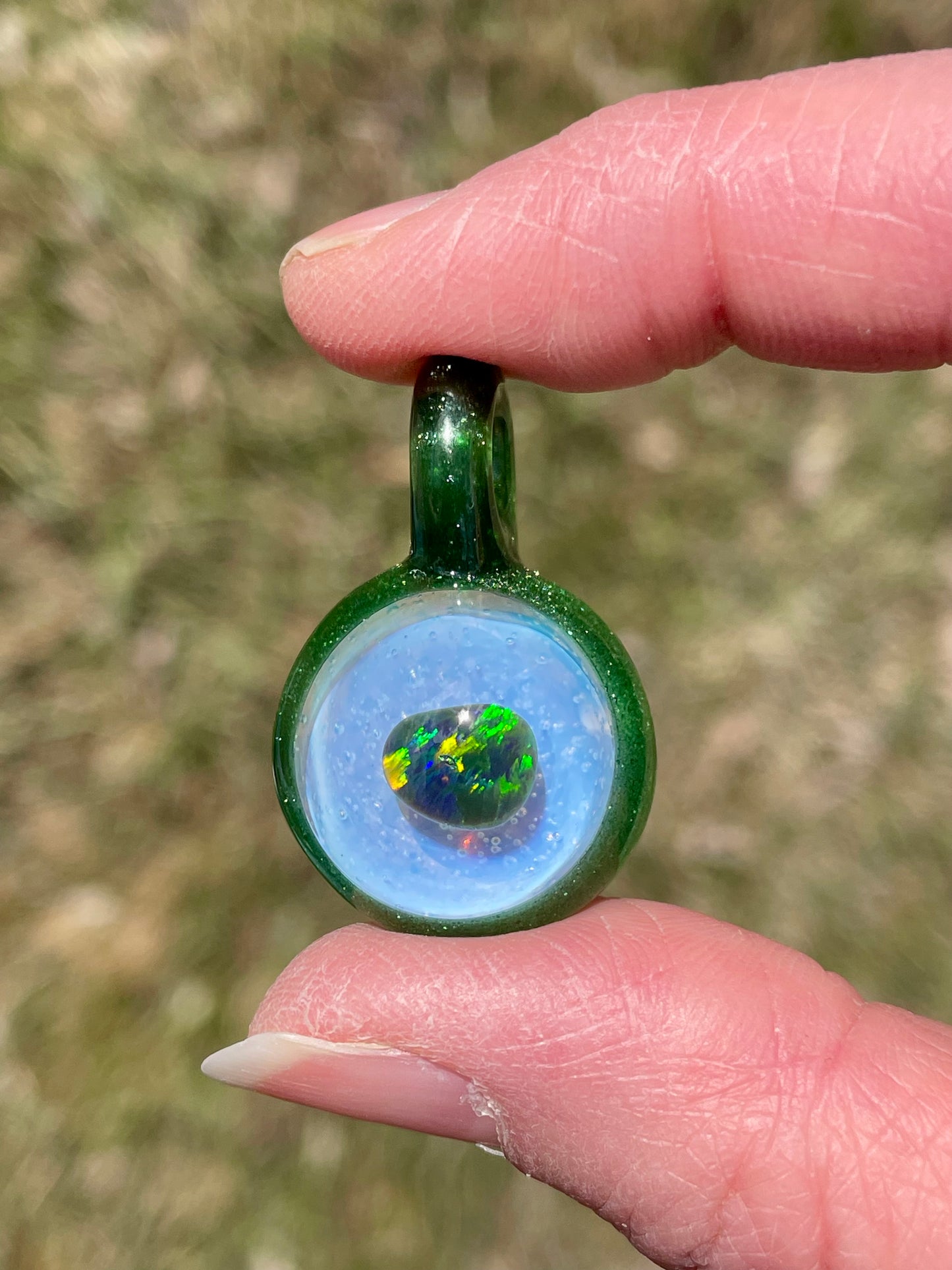 Small Glass Opal Pendant, Green Blown Glass Pendant, Lampwork Focal Bead, Mini Opal Necklace, Glass Cabochon, Unique Birthday Gift Idea