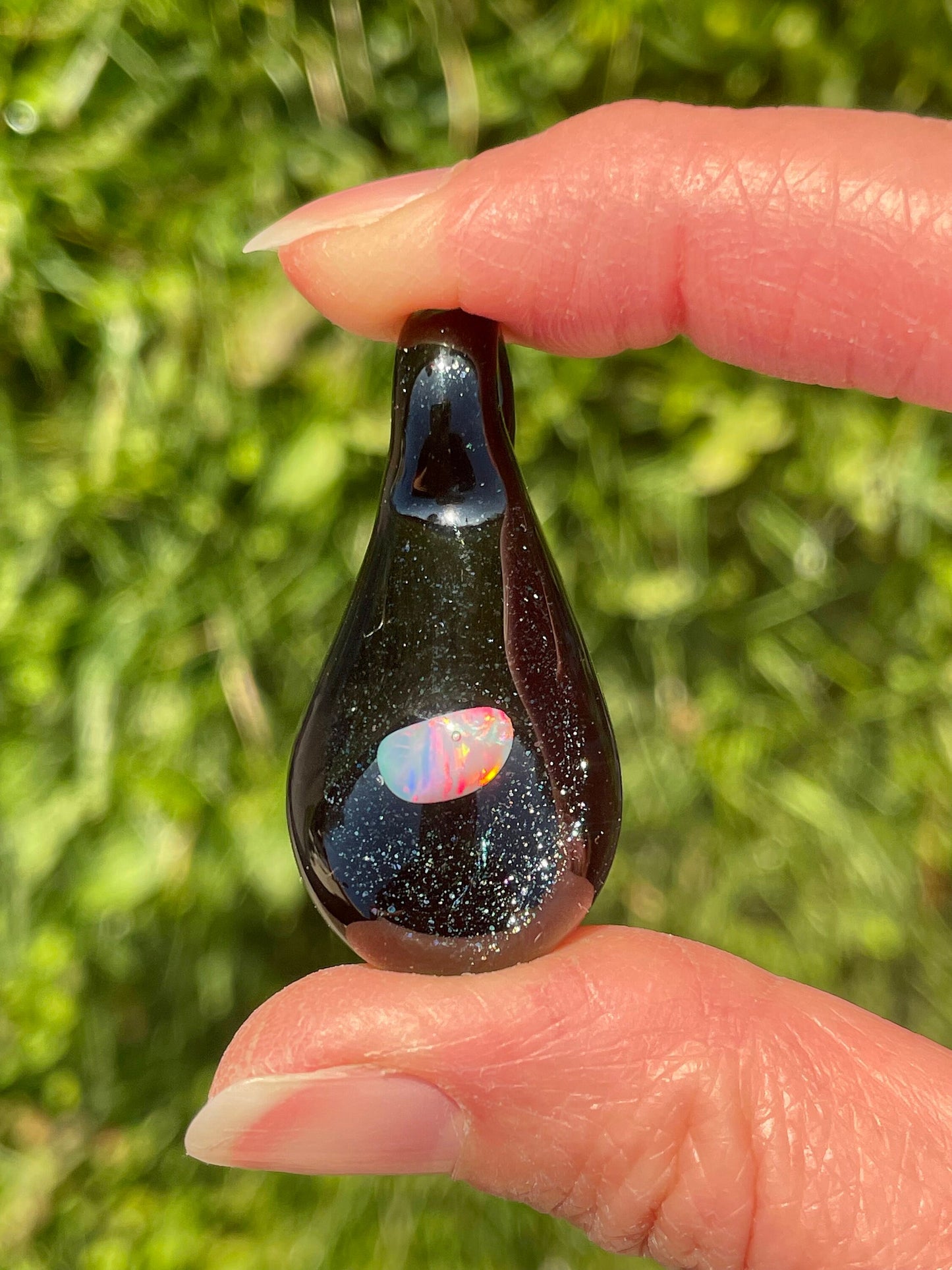 Small Glass Pendant, Black Lampwork Focal Bead, Opal Necklace, Unique October Birthday Gift, Heady Glass Galaxy Opal Pendant, Blown Glass