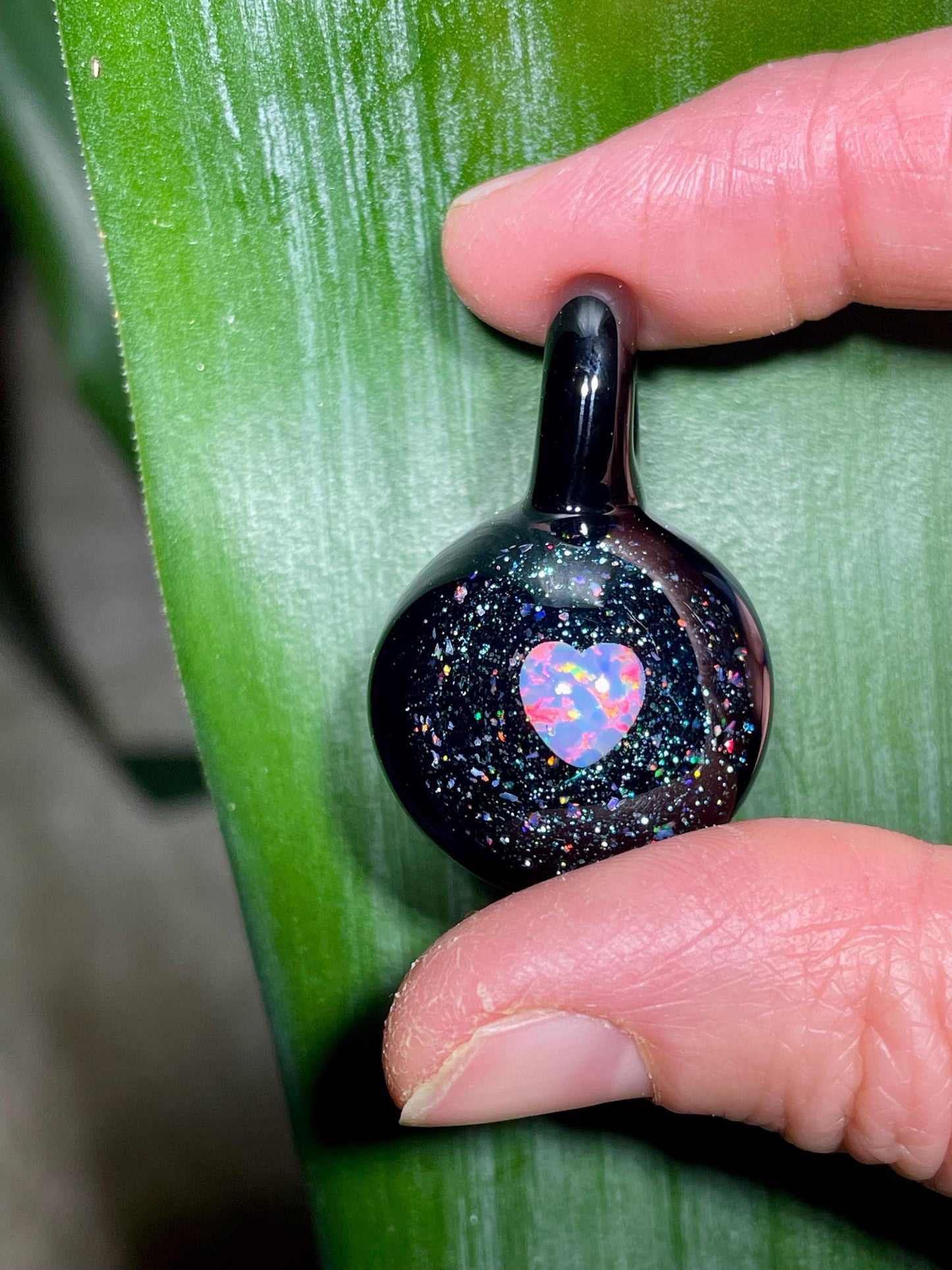 Small Glass Pendant, Heart Opal Necklace for her, Artisan Jewelry, Gothic Jewelry, Black Heart Pendant, Birthday Gift, Easter Gift for Wife