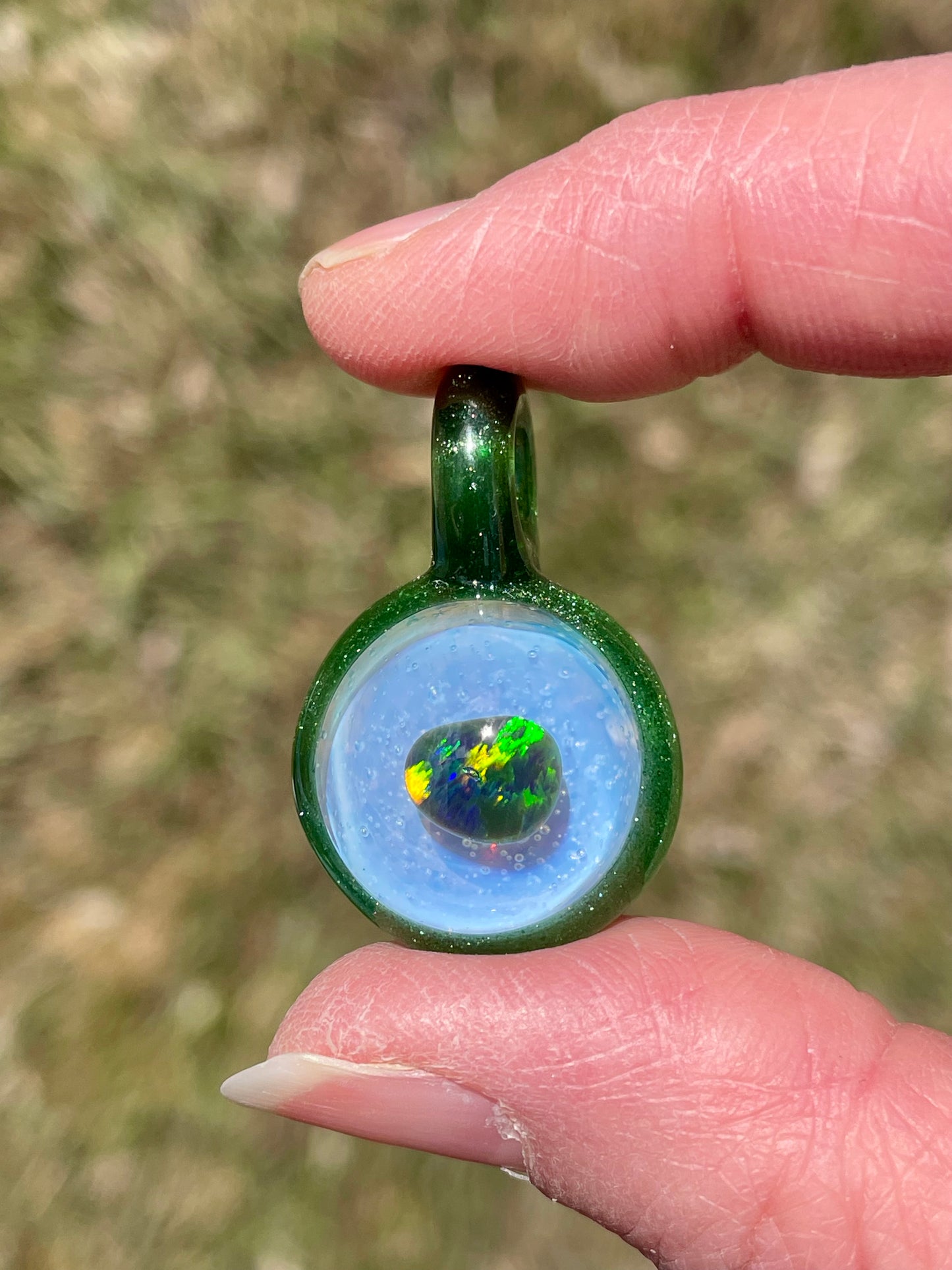 Small Glass Opal Pendant, Green Blown Glass Pendant, Lampwork Focal Bead, Mini Opal Necklace, Glass Cabochon, Unique Birthday Gift Idea