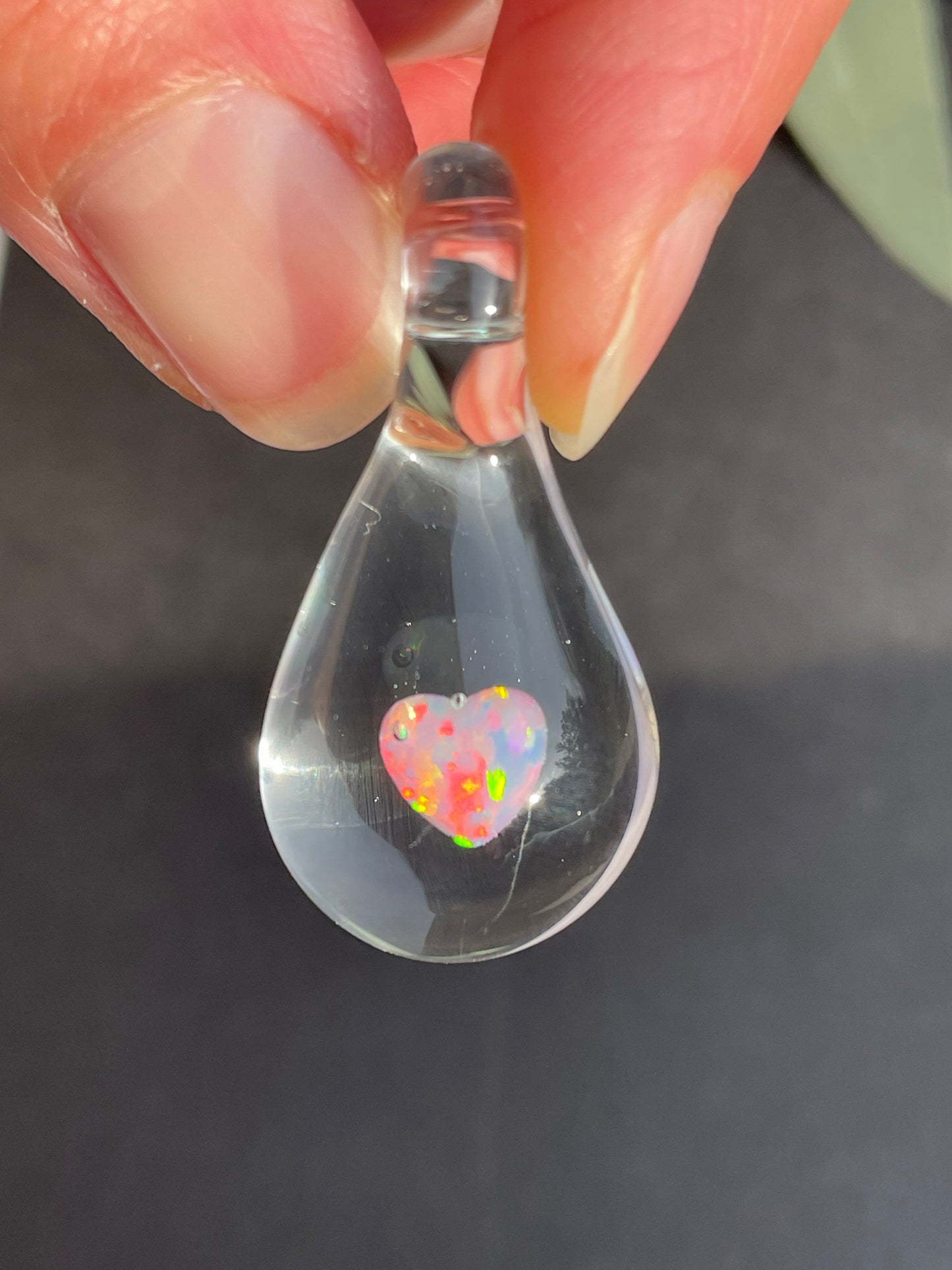 Simple Heart, Glass Teardrop Necklace for her, Blown Glass Opal Heart Pendant, Love Opal Mystical Crystal, Heart Necklace for Girlfriend,