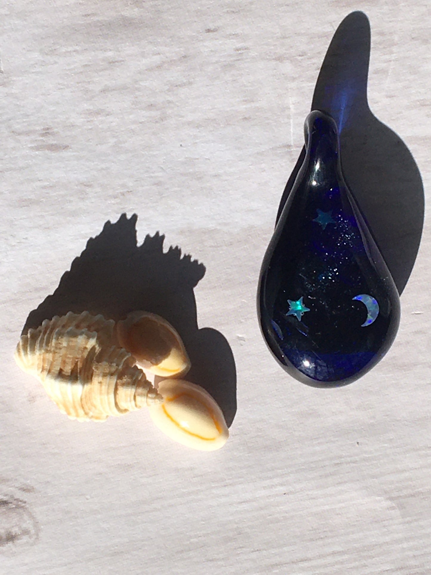 Moon and Star Opal Necklace for her - Heady Blown Glass Opal Pendant for Women - Handmade Blue Jewelry for Sister - Unique Gift for Niece