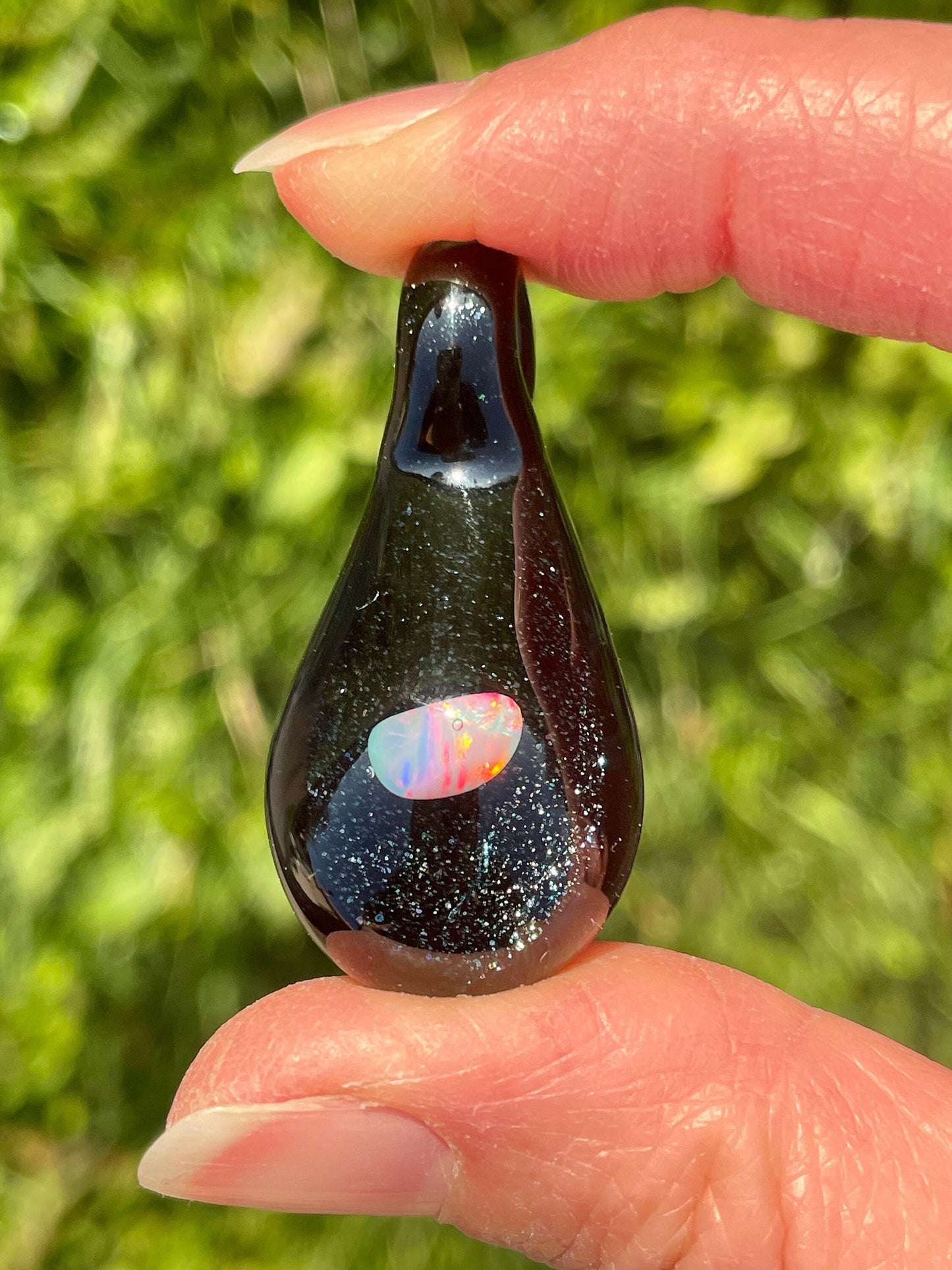 Small Glass Pendant, Black Lampwork Focal Bead, Opal Necklace, Unique October Birthday Gift, Heady Glass Galaxy Opal Pendant, Blown Glass
