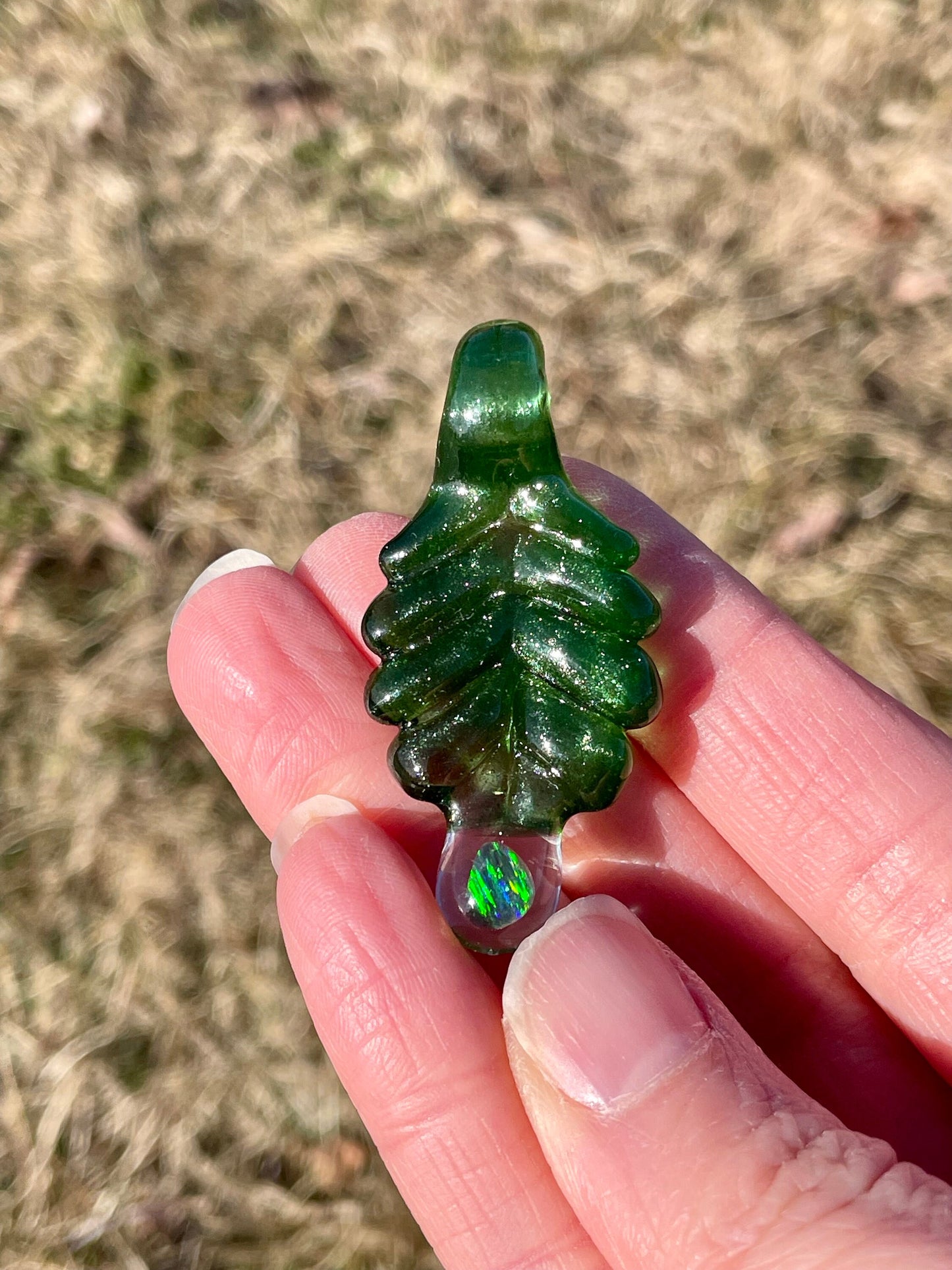 Small Glass Pendant Green Leaf Opal Necklace, birthday gift for daughter, botanical jewelry, step mom gift, jewelry for women, gardener gift
