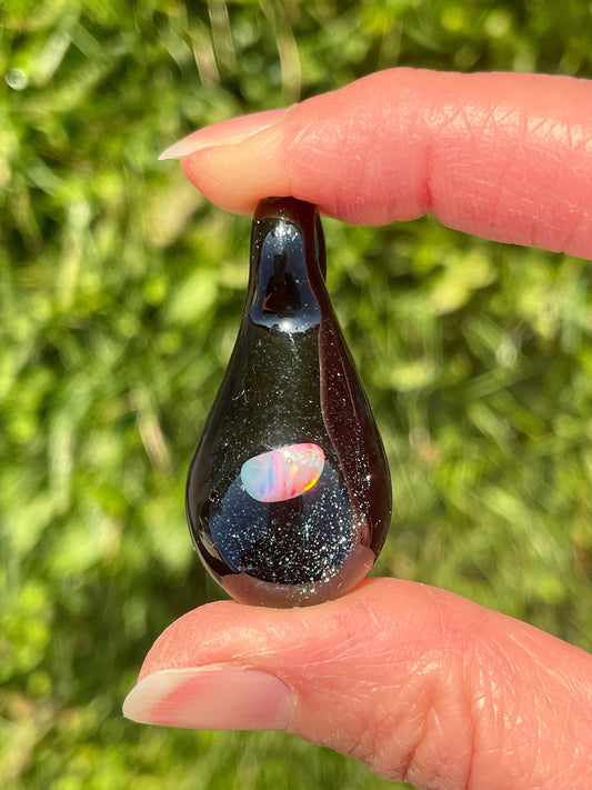 Small Glass Pendant, Black Lampwork Focal Bead, Opal Necklace, Unique October Birthday Gift, Heady Glass Galaxy Opal Pendant, Blown Glass