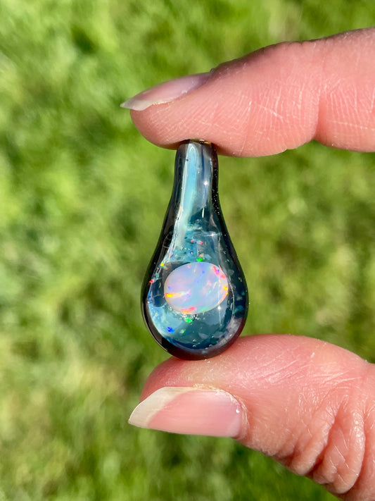 Heady Glass Opal Pendant, Black Blown Glass Pendant, Lampwork Focal Bead, Unique October Birthday Gift, Opal Necklace, Glass Opal Pendant