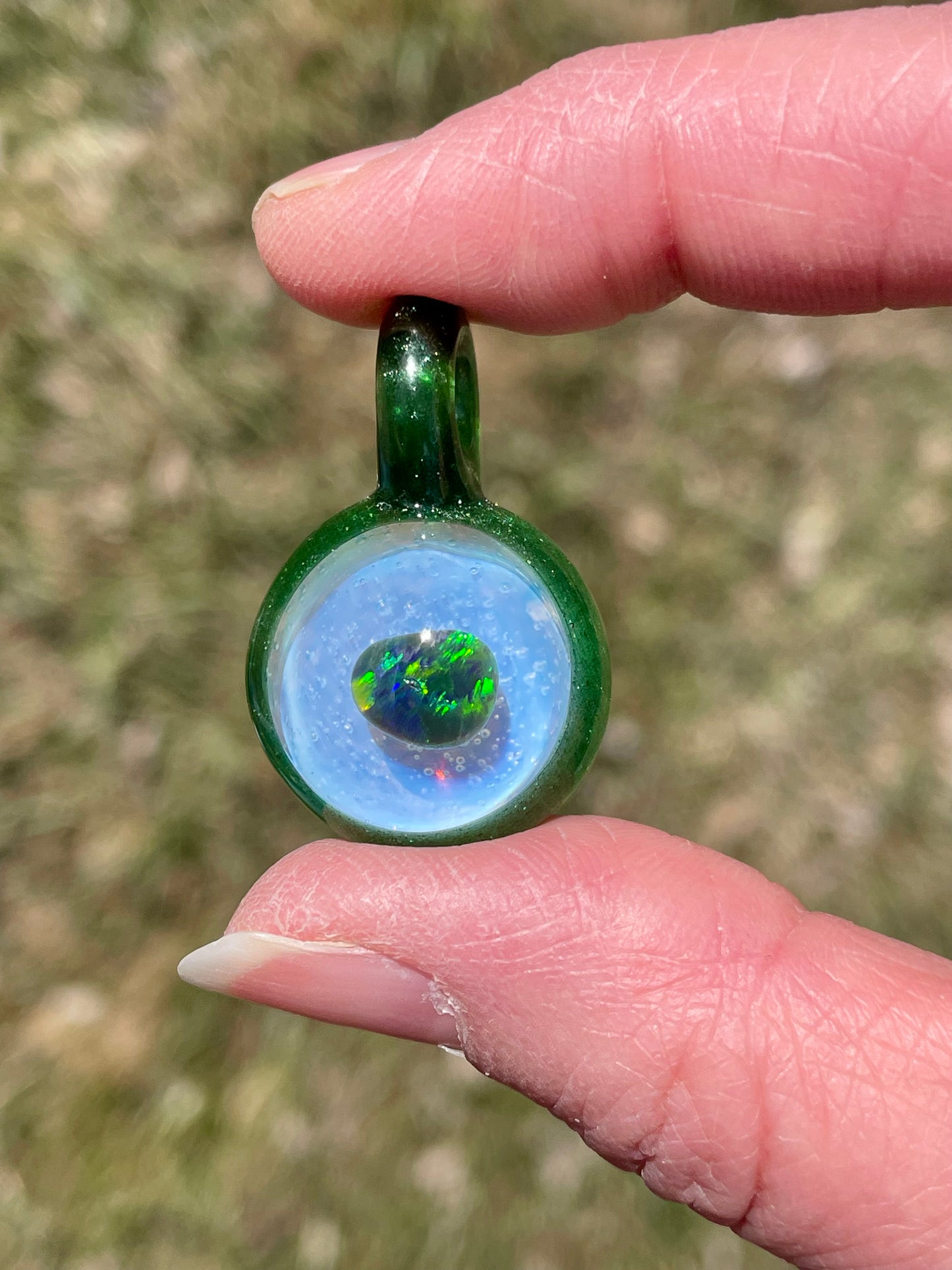 Small Glass Opal Pendant, Green Blown Glass Pendant, Lampwork Focal Bead, Mini Opal Necklace, Glass Cabochon, Unique Birthday Gift Idea