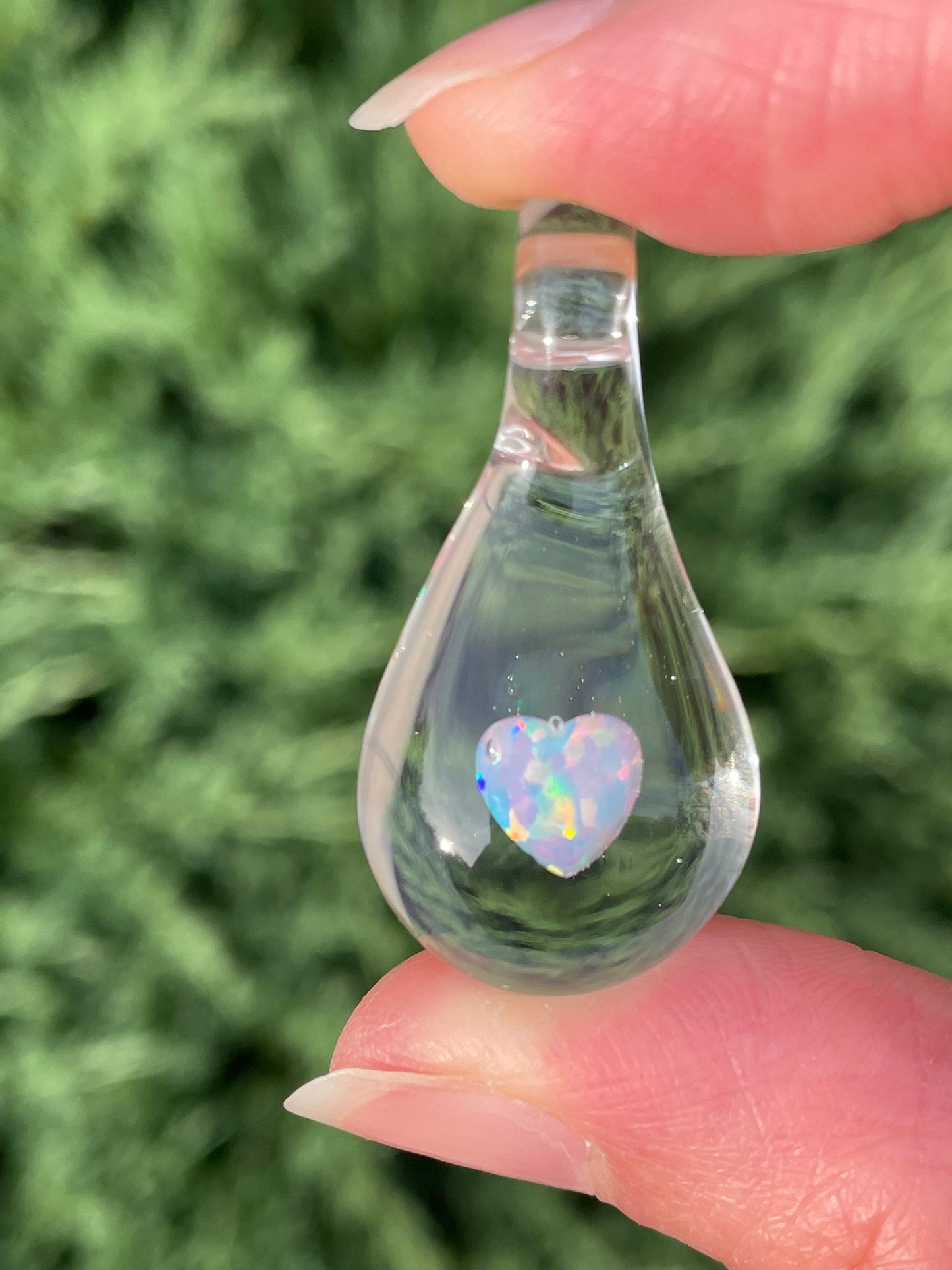 Simple Heart, Glass Teardrop Necklace for her, Blown Glass Opal Heart Pendant, Love Opal Mystical Crystal, Heart Necklace for Girlfriend,