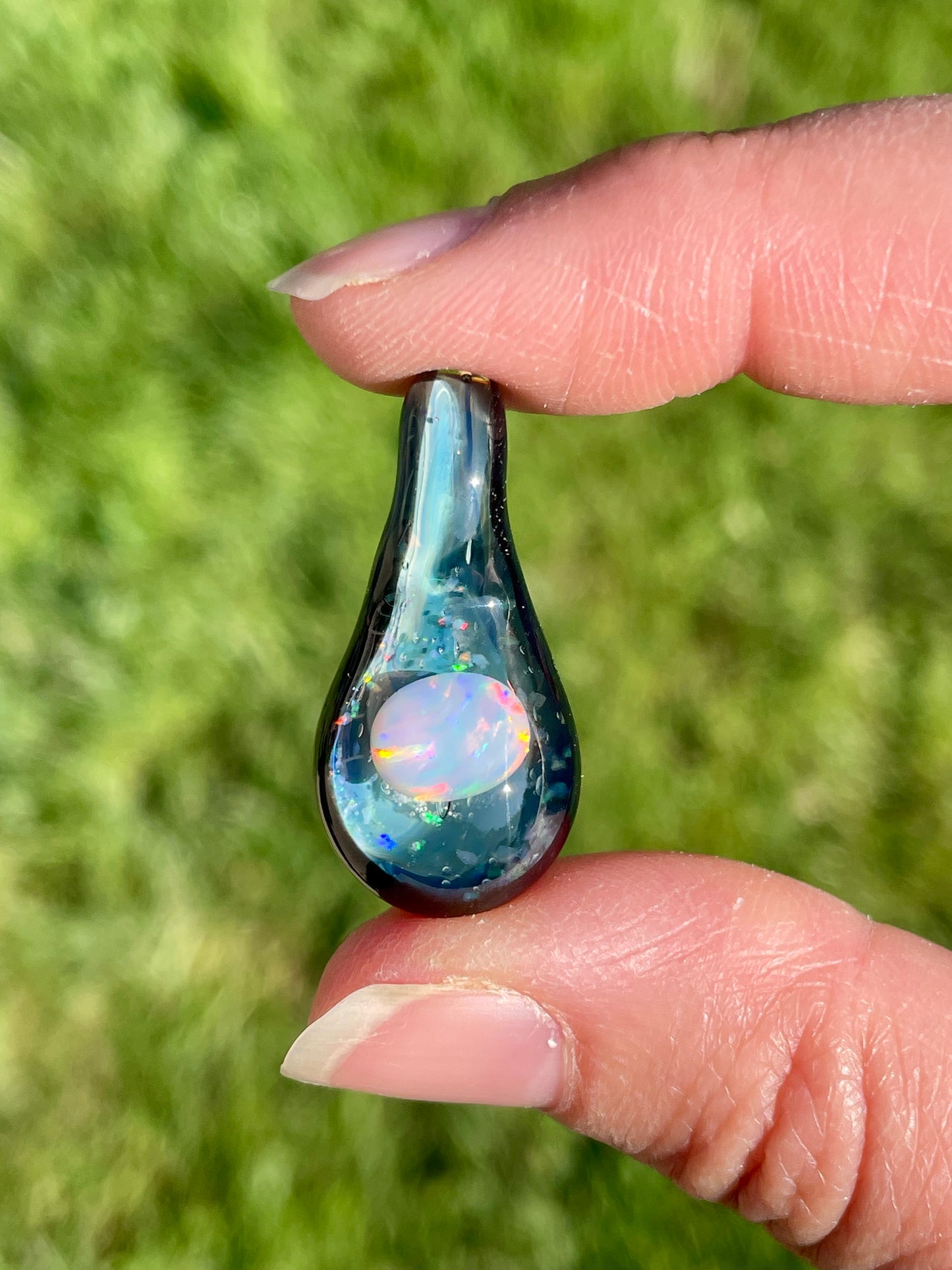 Heady Glass Opal Pendant, Black Blown Glass Pendant, Lampwork Focal Bead, Unique October Birthday Gift, Opal Necklace, Glass Opal Pendant