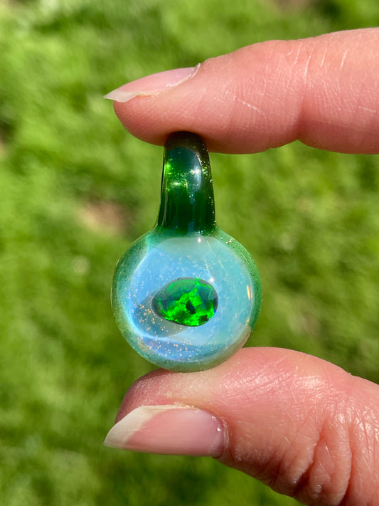 Small Glass Opal Pendant, Green Blown Glass Pendant, Lampwork Focal Bead, Mini Opal Necklace, Glass Cabochon, Unique Birthday Gift Idea
