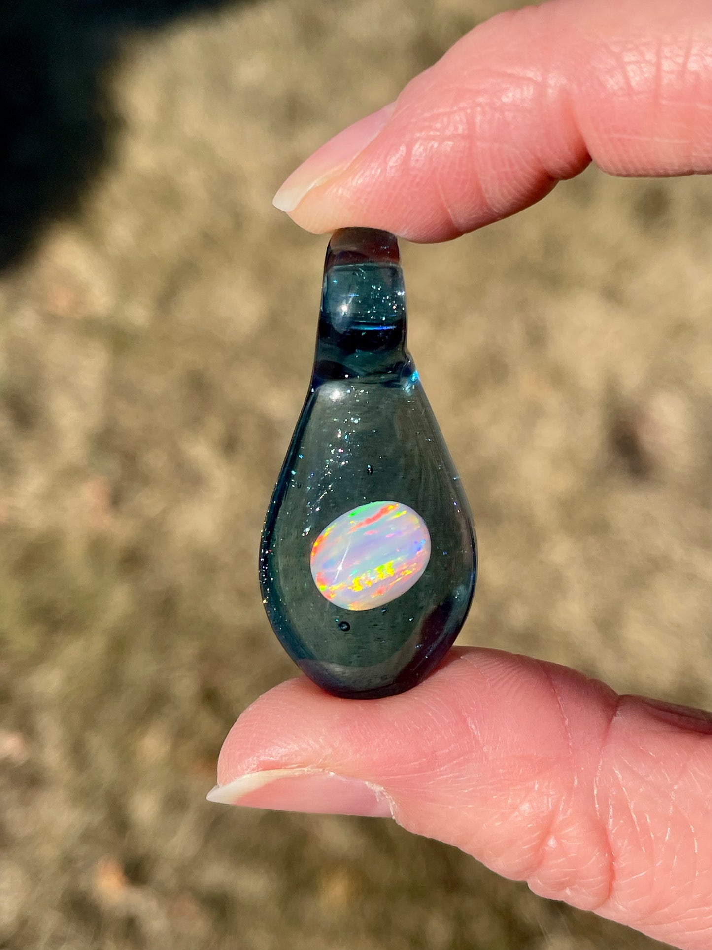 Heady Glass Opal Pendant, Enchanting Blue Necklace, Gemstone Jewelry, Blue Mystical Jewelry, Small Glass Pendant, Birthday Gift for her