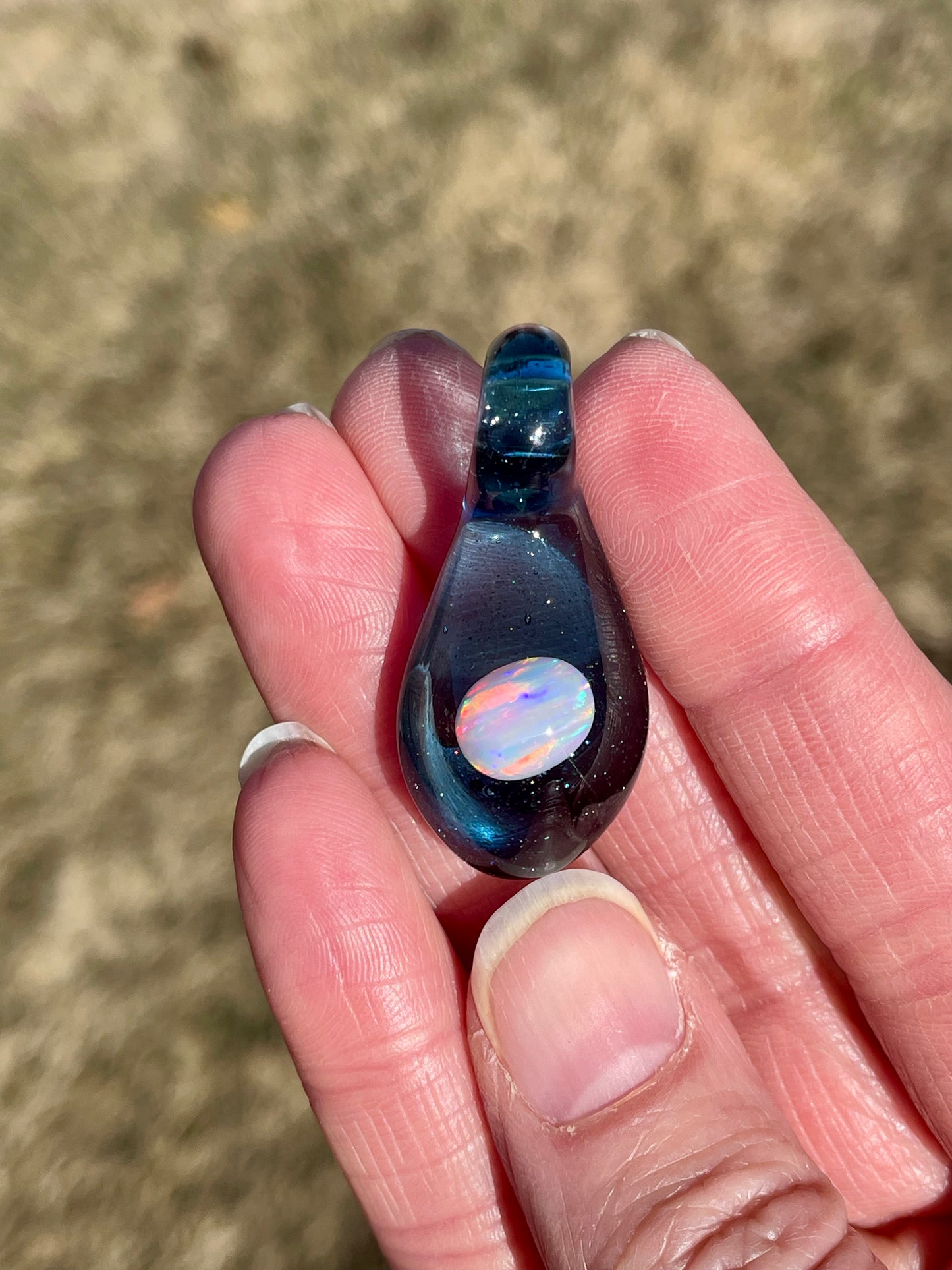 Heady Glass Opal Pendant, Enchanting Blue Necklace, Gemstone Jewelry, Blue Mystical Jewelry, Small Glass Pendant, Birthday Gift for her