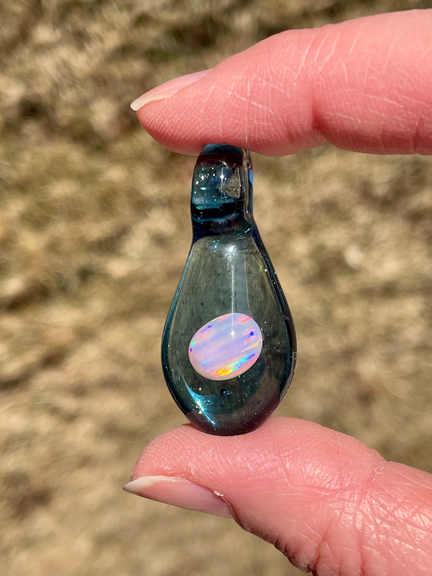 Heady Glass Opal Pendant, Enchanting Blue Necklace, Gemstone Jewelry, Blue Mystical Jewelry, Small Glass Pendant, Birthday Gift for her
