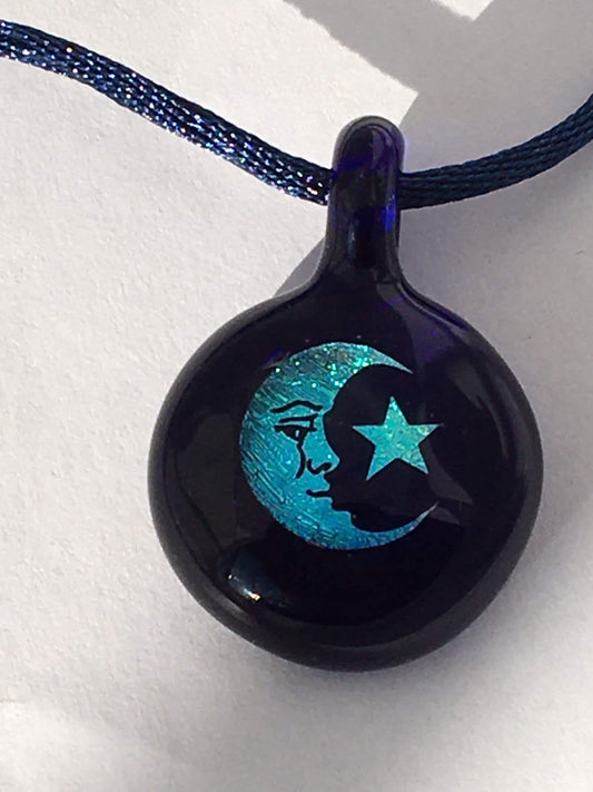 Moon and Star Necklace Pendant gift for her, Blown Glass dichroic pendant, celestial jewelry for daughter, star, moon, gift for girlfriend