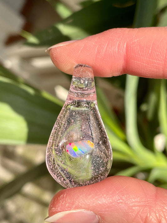 Small Glass Pendant for her, Opal Necklace for her, Pink Opal Crystal, Unique gift for sister, Grad Gift for Daughter, Valentines Day Gift
