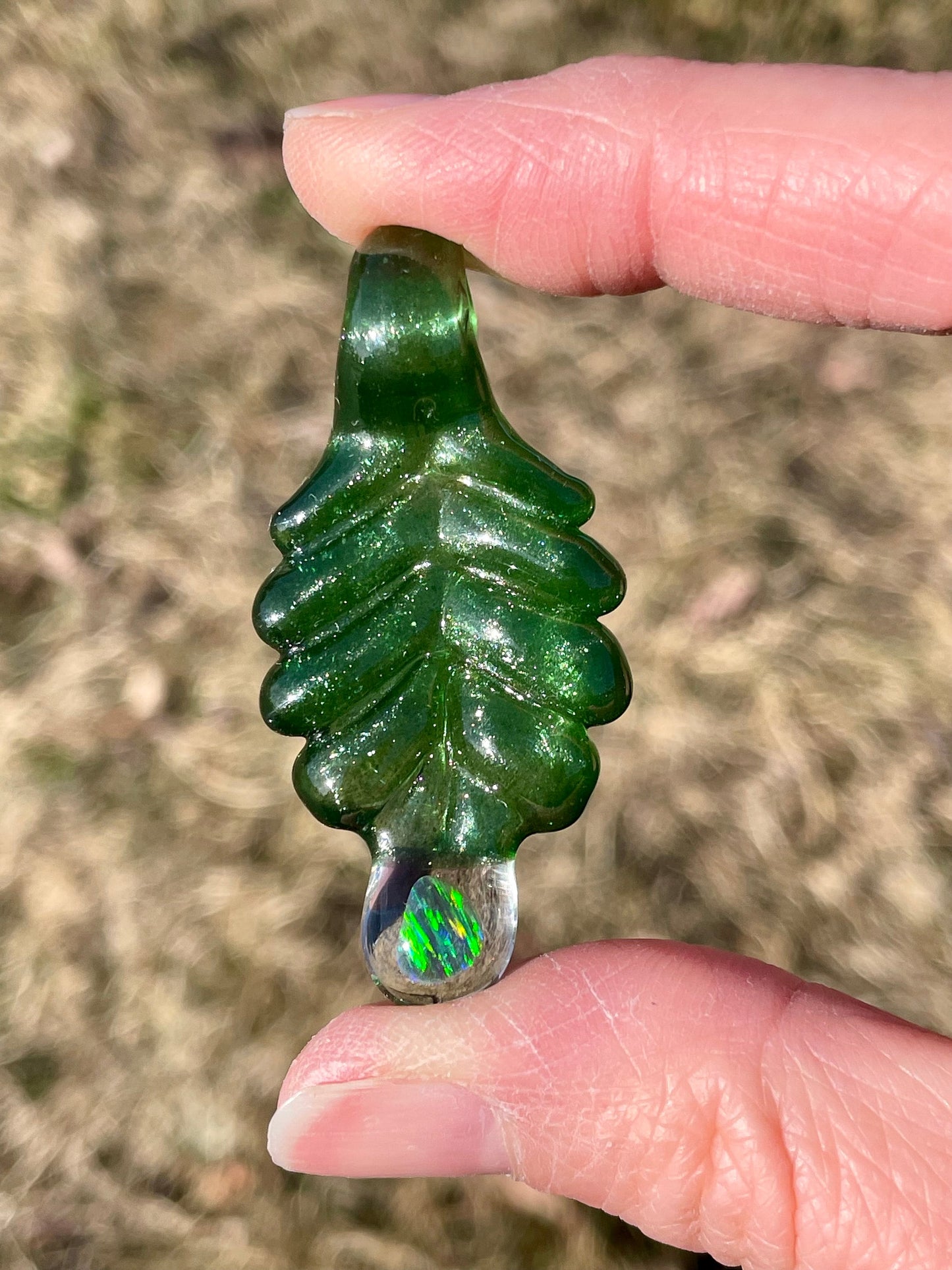 Small Glass Pendant Green Leaf Opal Necklace, birthday gift for daughter, botanical jewelry, step mom gift, jewelry for women, gardener gift