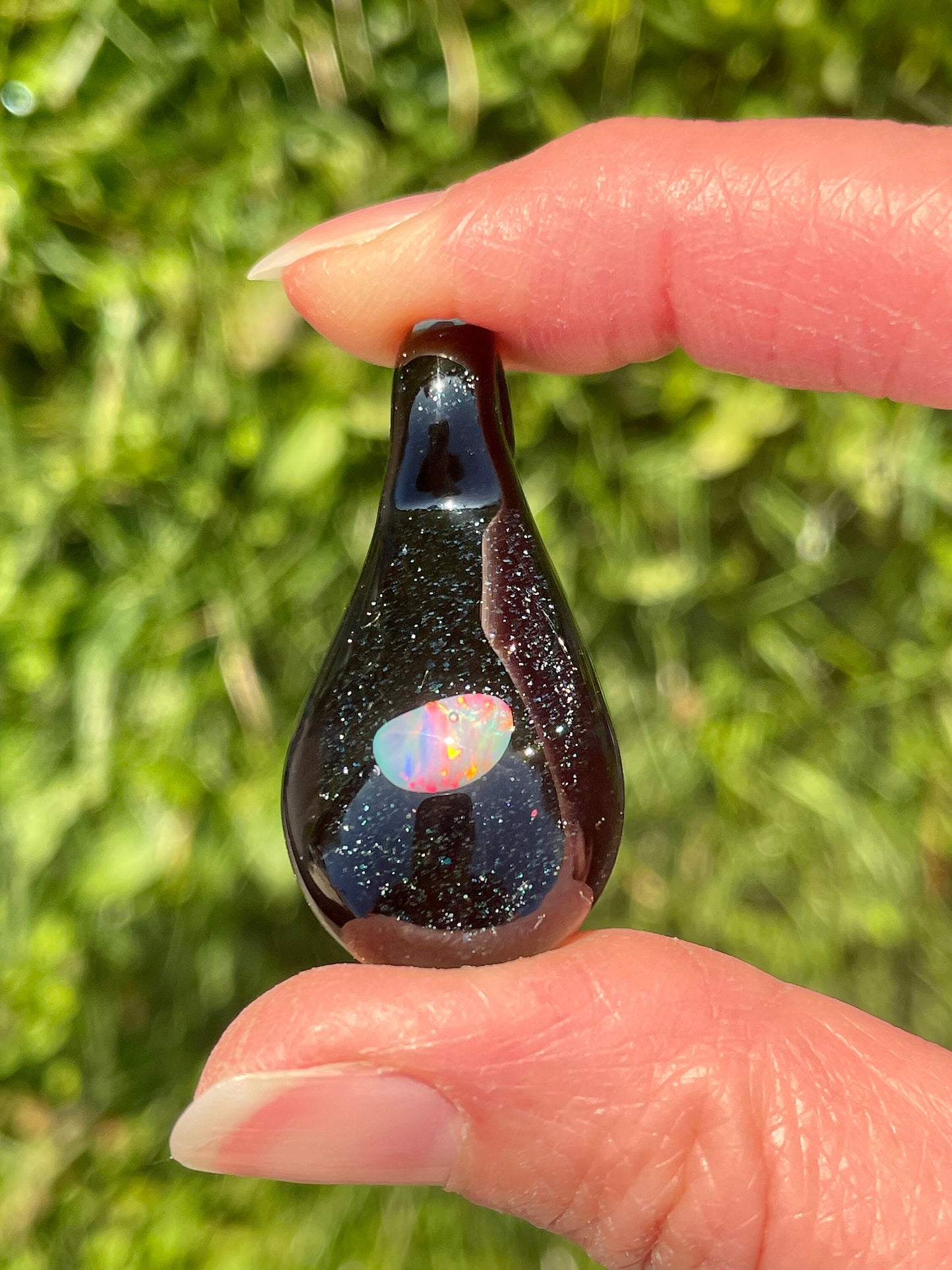 Small Glass Pendant, Black Lampwork Focal Bead, Opal Necklace, Unique October Birthday Gift, Heady Glass Galaxy Opal Pendant, Blown Glass
