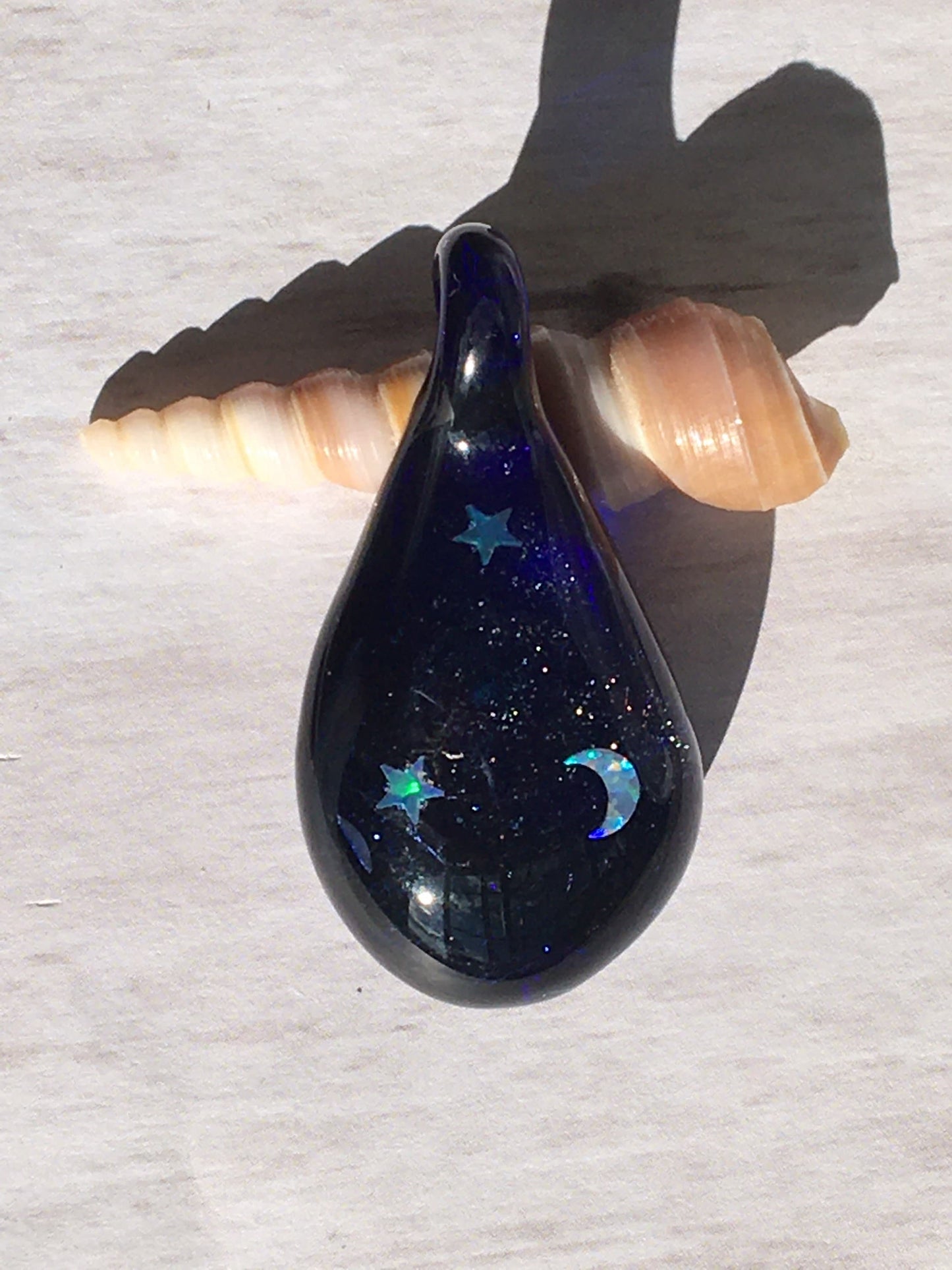 Moon and Star Opal Necklace for her - Heady Blown Glass Opal Pendant for Women - Handmade Blue Jewelry for Sister - Unique Gift for Niece