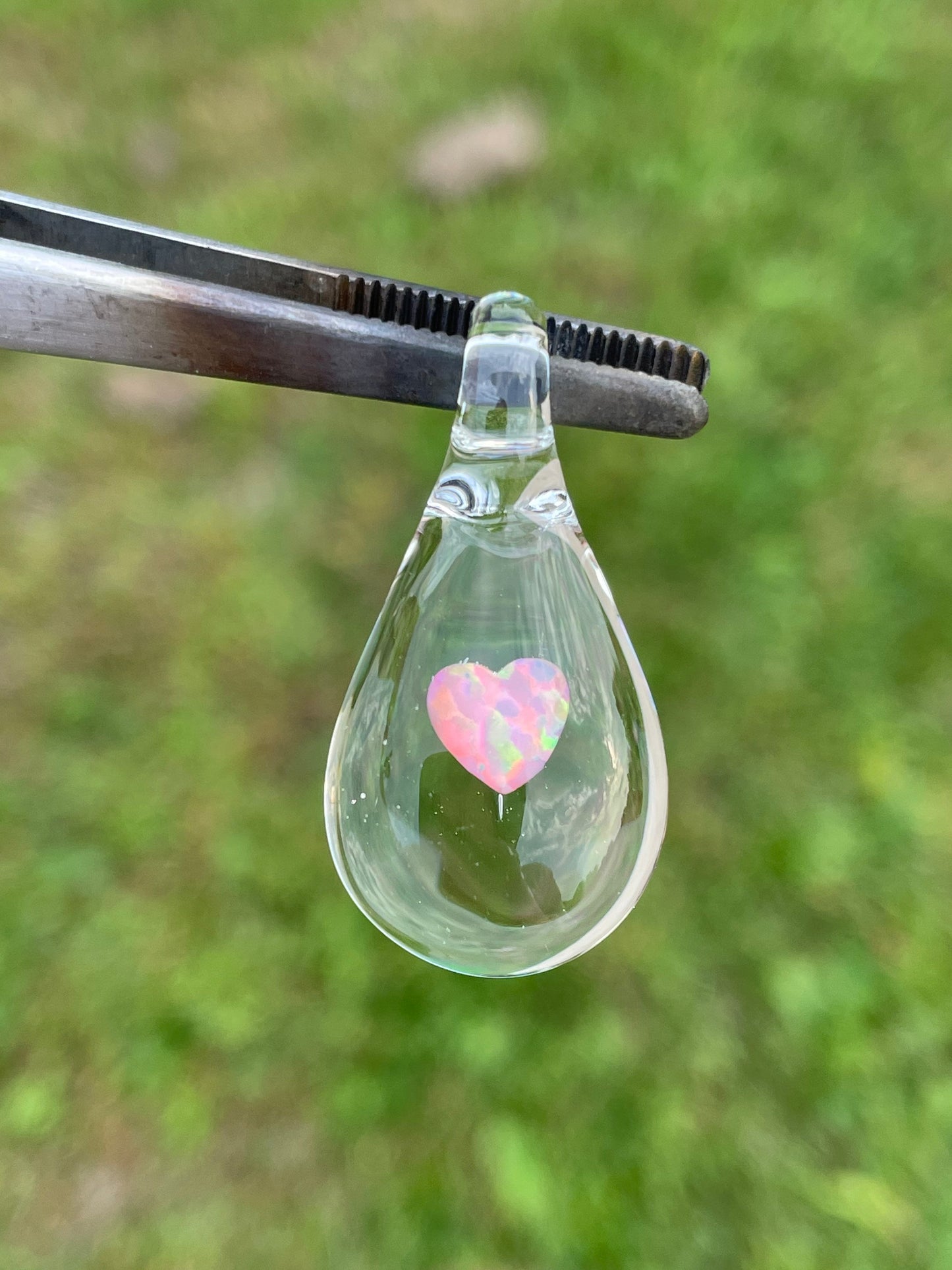 Simple Heart, Glass Teardrop Necklace for her, Blown Glass Opal Heart Pendant, Love Opal Mystical Crystal, Heart Necklace for Girlfriend,