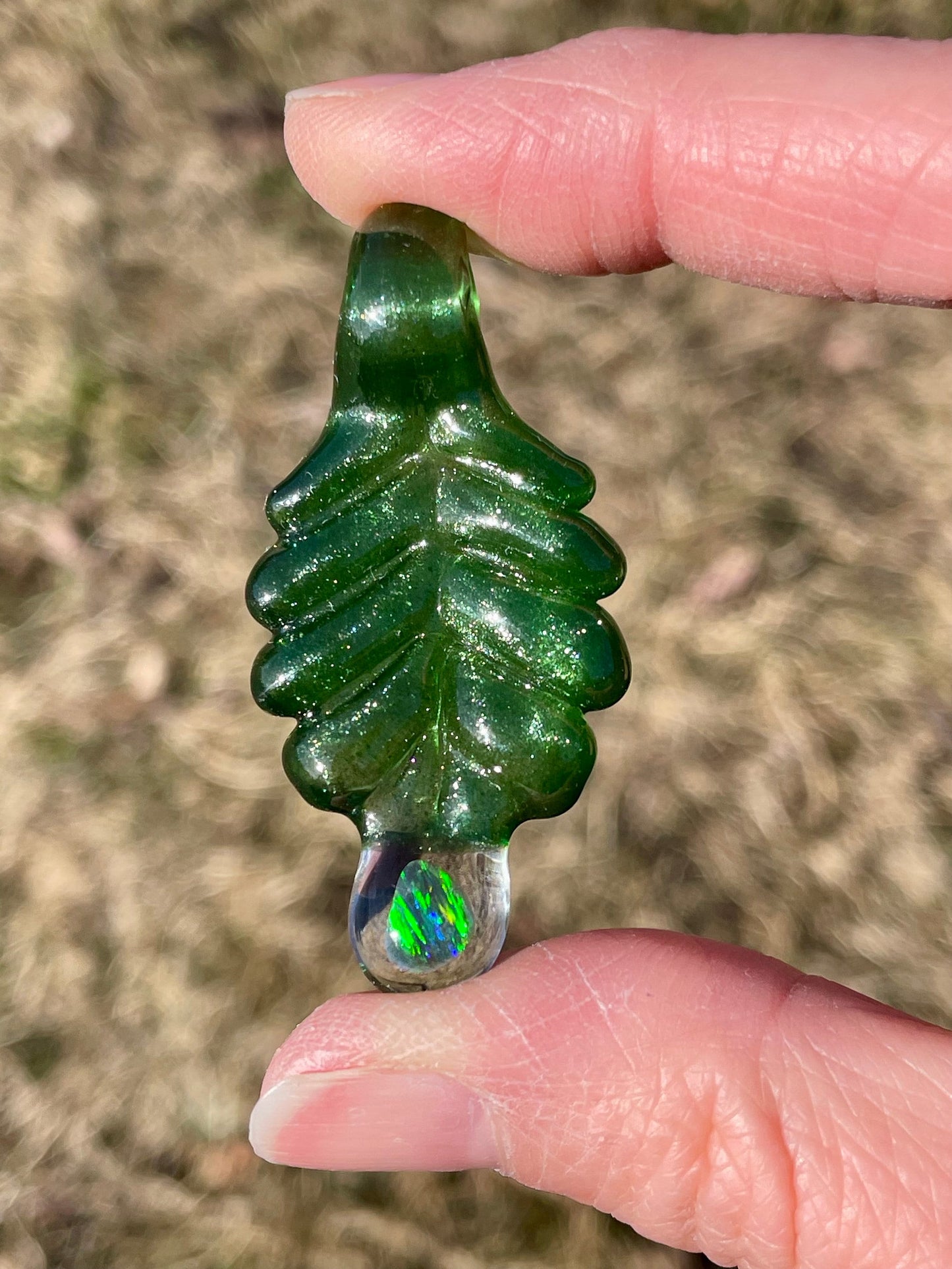 Small Glass Pendant Green Leaf Opal Necklace, birthday gift for daughter, botanical jewelry, step mom gift, jewelry for women, gardener gift