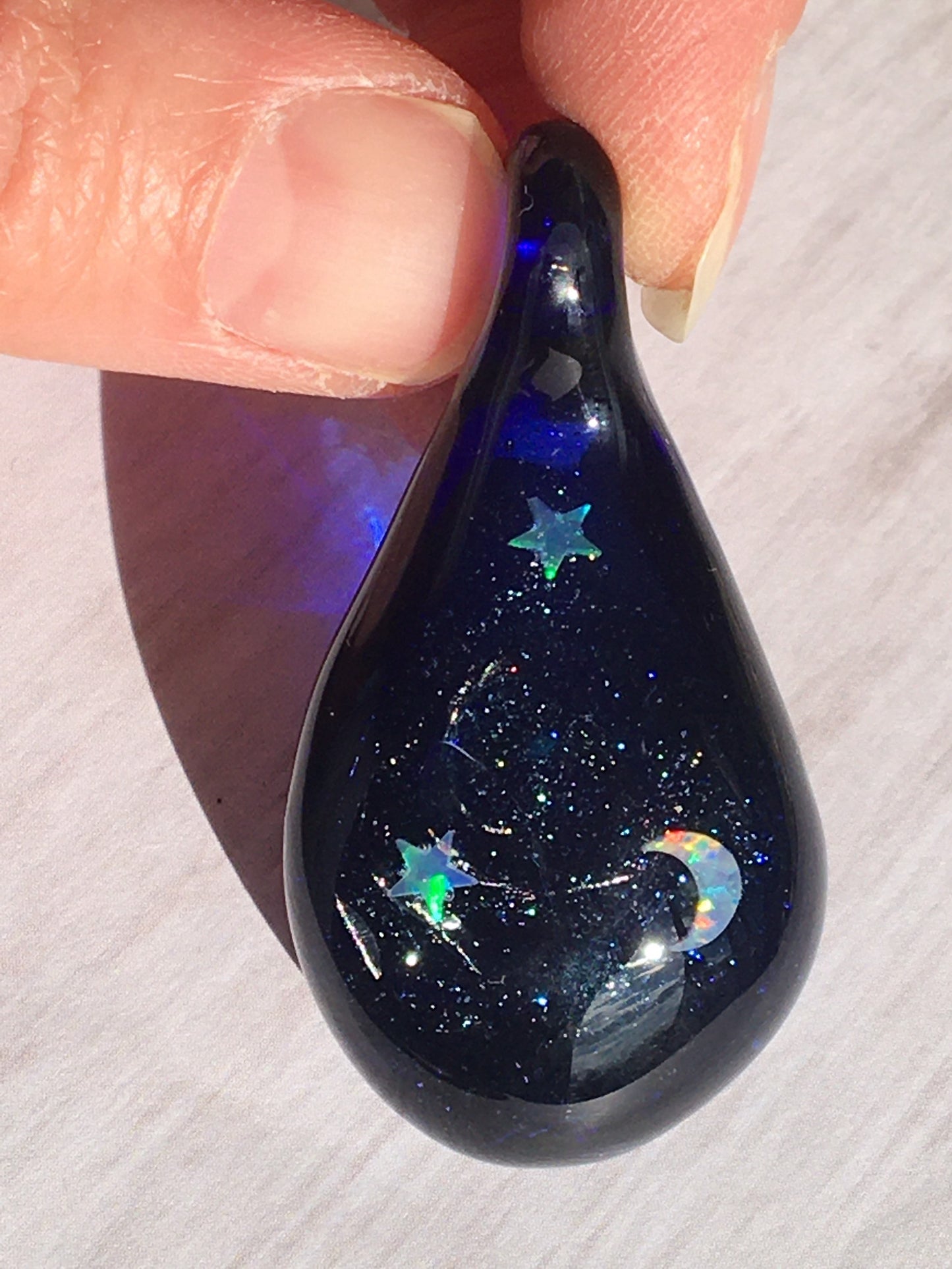 Moon and Star Opal Necklace for her - Heady Blown Glass Opal Pendant for Women - Handmade Blue Jewelry for Sister - Unique Gift for Niece