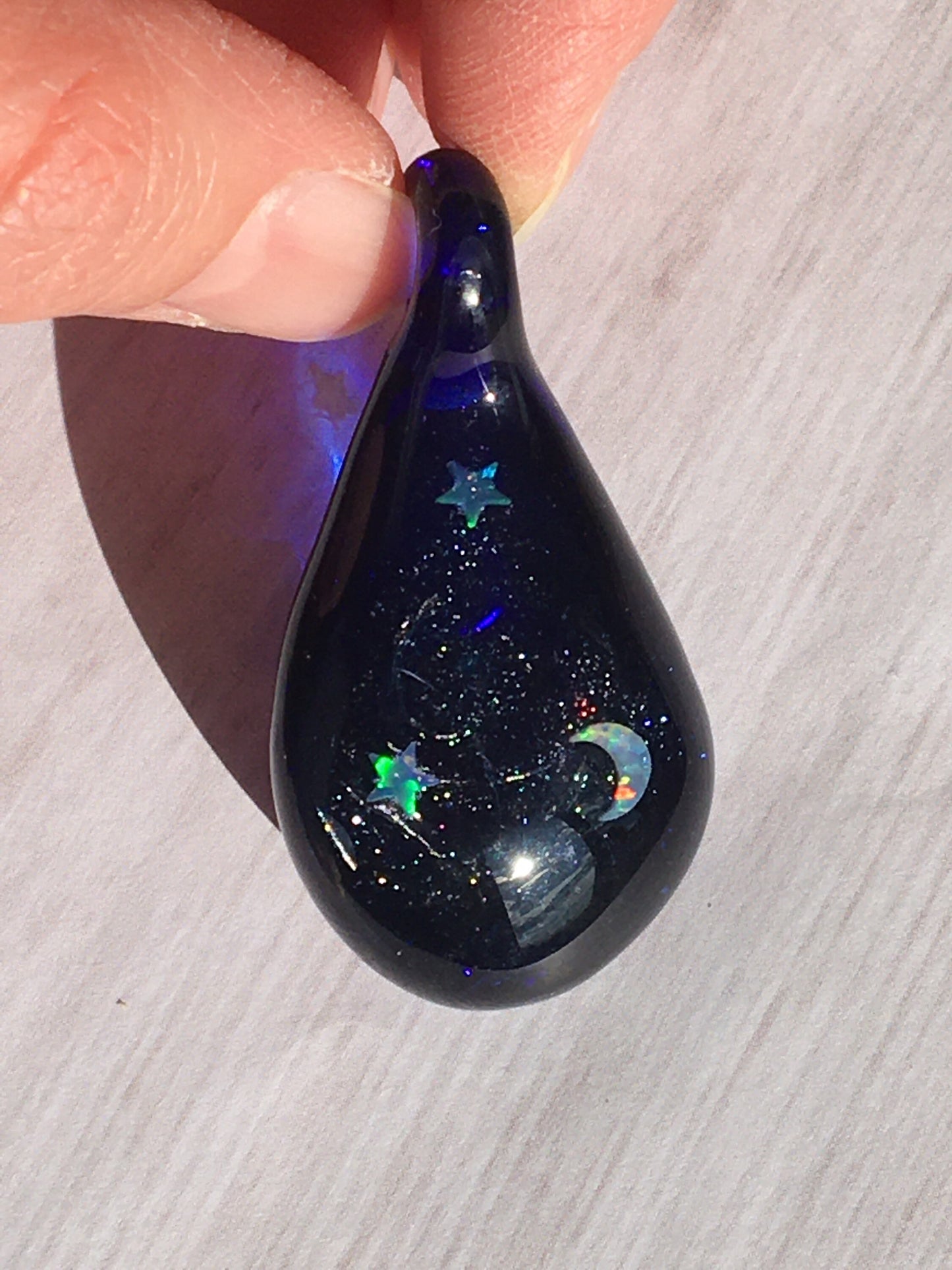 Moon and Star Opal Necklace for her - Heady Blown Glass Opal Pendant for Women - Handmade Blue Jewelry for Sister - Unique Gift for Niece