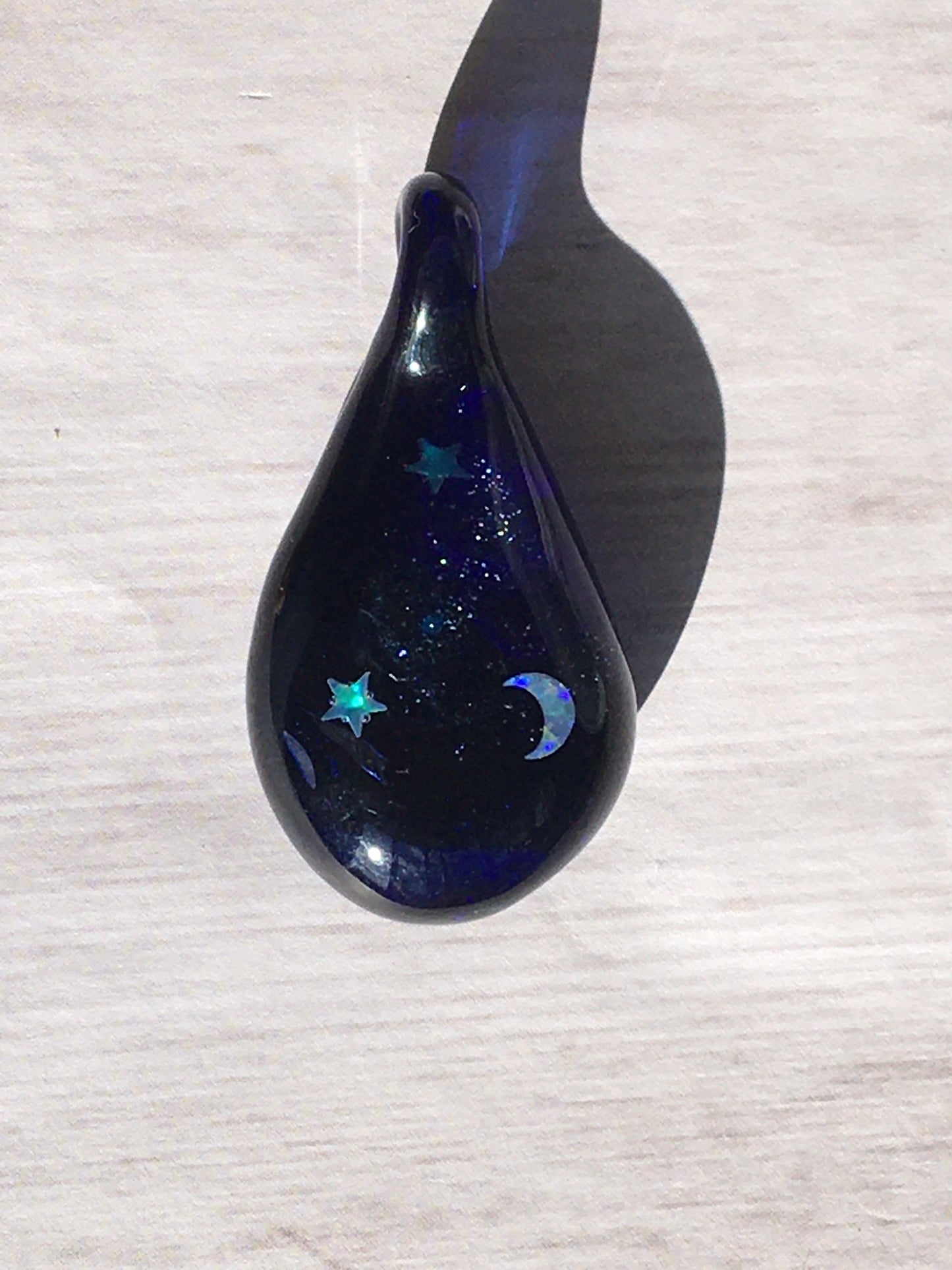 Moon and Star Opal Necklace for her - Heady Blown Glass Opal Pendant for Women - Handmade Blue Jewelry for Sister - Unique Gift for Niece