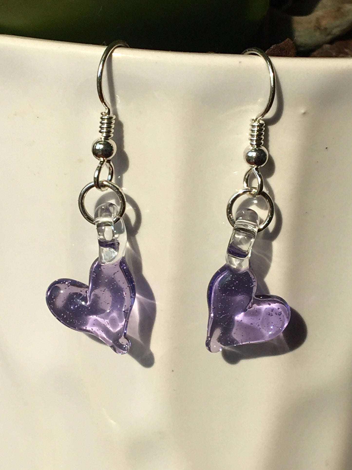 Blown Glass Purple Heart Earrings Dangle, grandma gift, trending jewelry, Easter gift for daughter, one of a kind jewelry, gift for sister