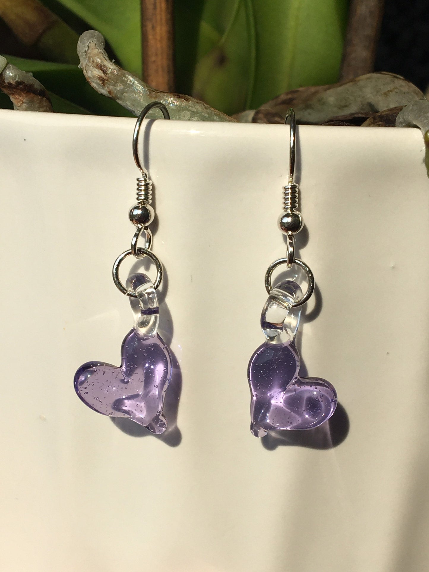 Blown Glass Purple Heart Earrings Dangle, grandma gift, trending jewelry, Easter gift for daughter, one of a kind jewelry, gift for sister