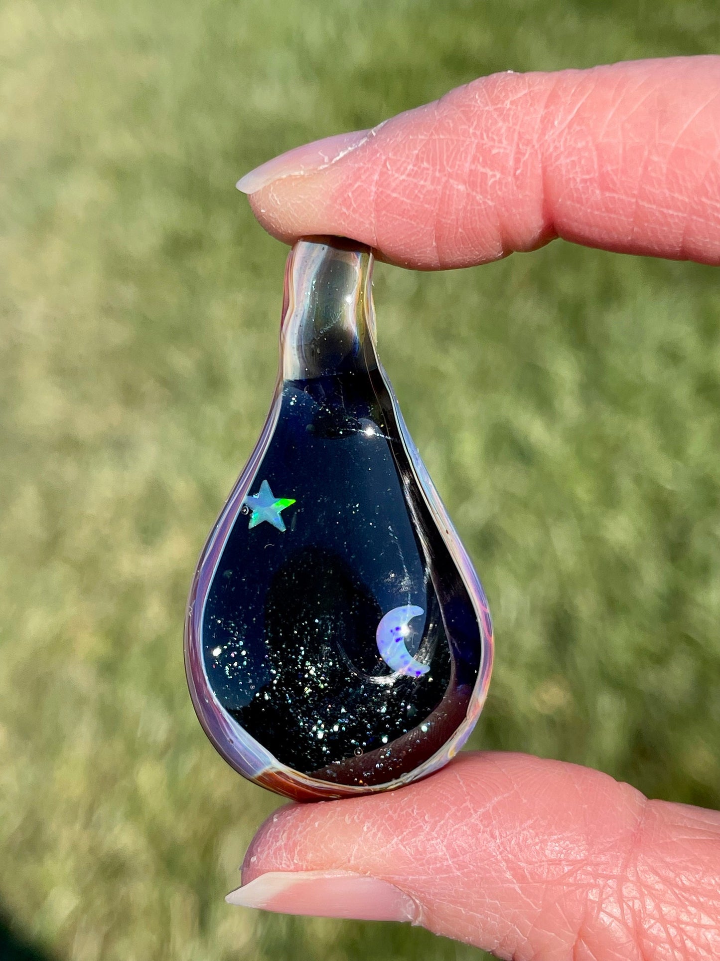 Moon and Star Pendant Necklace for woman, Heady Blown Glass Opal Necklace, Birthday gift for sister, Galaxy Pendant, Trippy Pendant for her
