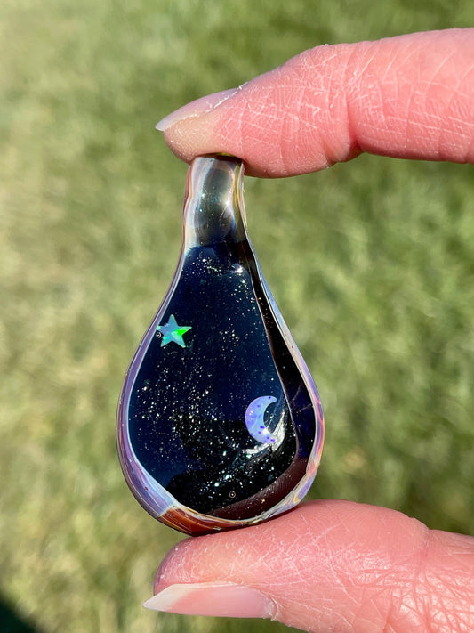 Moon and Star Pendant Necklace for woman, Heady Blown Glass Opal Necklace, Birthday gift for sister, Galaxy Pendant, Trippy Pendant for her
