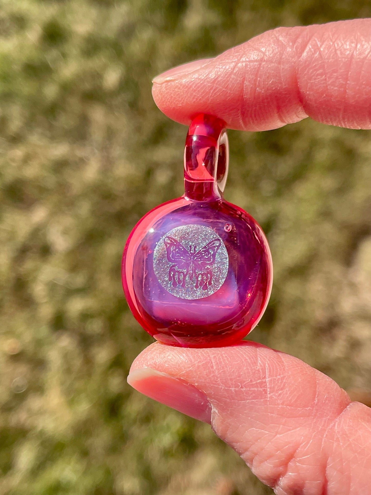 Pink Butterfly Pendant Necklace Gift for Women - Unique Blown Glass Dichroic Pendant - Birthday Gift for Sister - Lampwork Focal Charm Bead