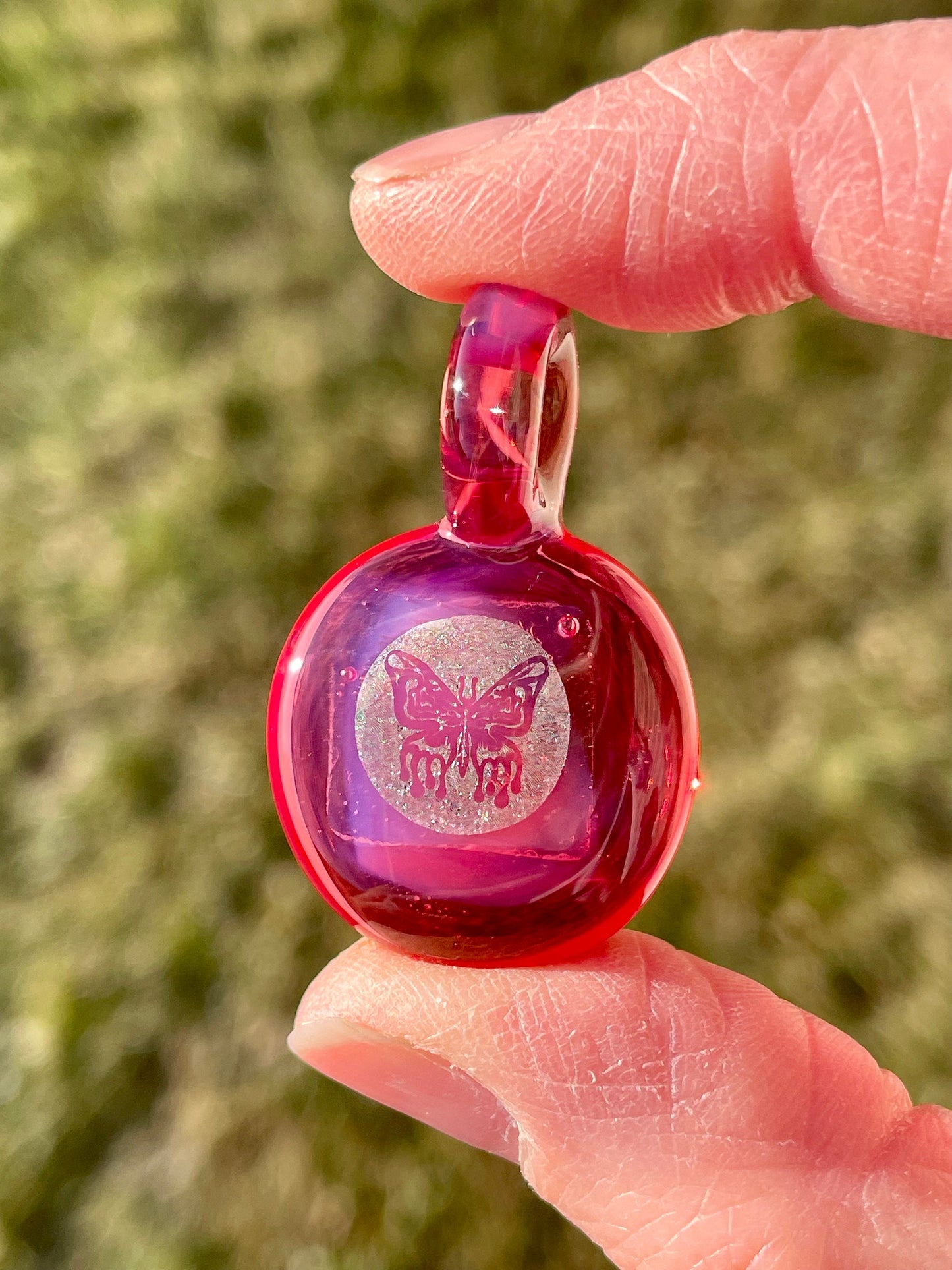 Pink Butterfly Pendant Necklace Gift for Women - Unique Blown Glass Dichroic Pendant - Birthday Gift for Sister - Lampwork Focal Charm Bead