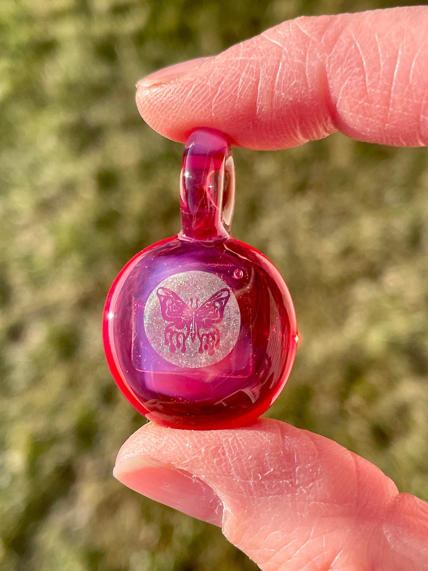 Pink Butterfly Pendant Necklace Gift for Women - Unique Blown Glass Dichroic Pendant - Birthday Gift for Sister - Lampwork Focal Charm Bead