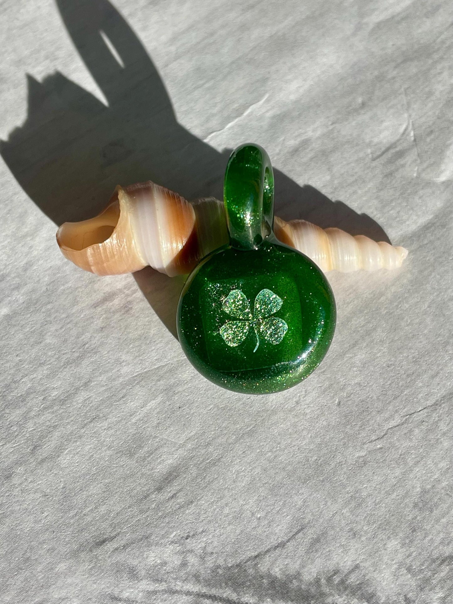 Blown Glass Shamrock Necklace, Four Leaf Clover, Irish Jewelry, Dichroic Glass Necklace, Present for sister, Boho Pendant Necklace for her