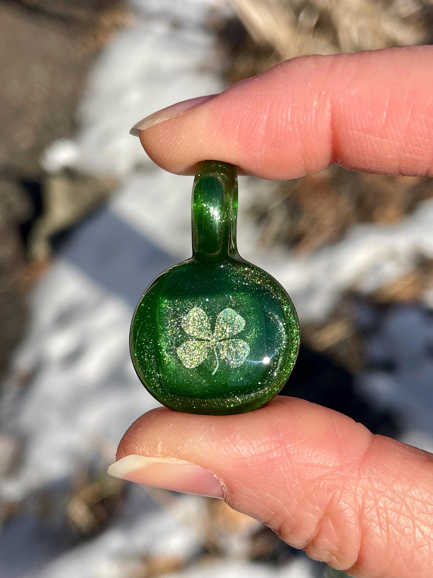 Blown Glass Shamrock Necklace, Four Leaf Clover, Irish Jewelry, Dichroic Glass Necklace, Present for sister, Boho Pendant Necklace for her