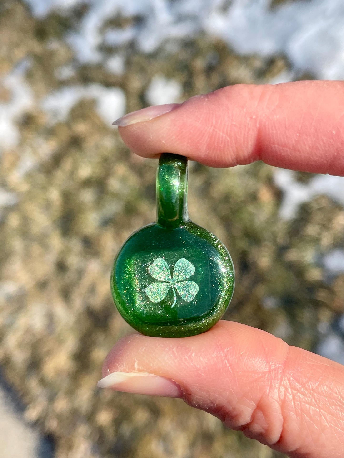 Blown Glass Shamrock Necklace, Four Leaf Clover, Irish Jewelry, Dichroic Glass Necklace, Present for sister, Boho Pendant Necklace for her